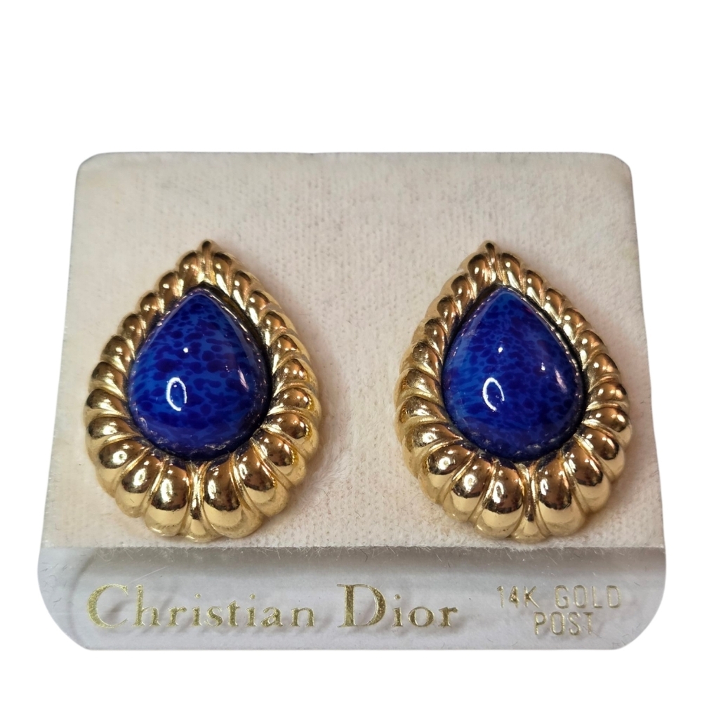 Dior Vintage New Gold Lapis Lazuli Pierced Earrings
